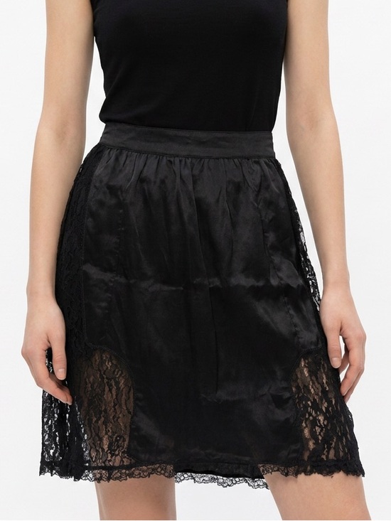 Dresses & Skirts - Vintage Black Satin Lace Half Slip Skirt Side Lace Panels Knee Length Womens